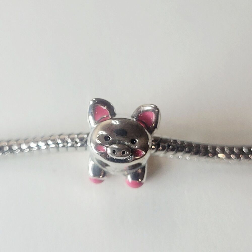 NWT For Pandora Charm Bracelet Piglet Piggy Bank Pig Slider Charm Silver Pink